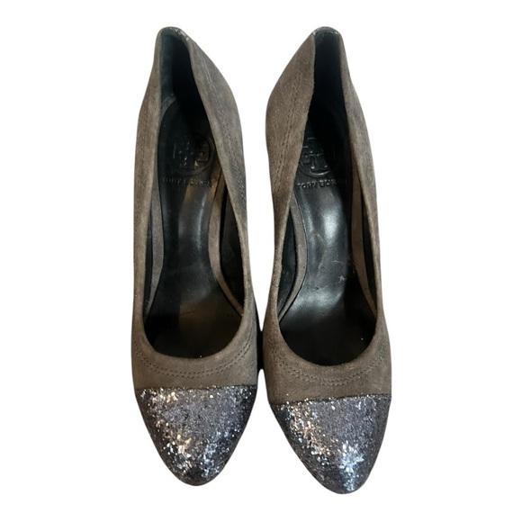 Tory Burch Wedge 8.5 Gray Wedge Sparkle Toe Women's Leather Suede - Picture 5 of 8